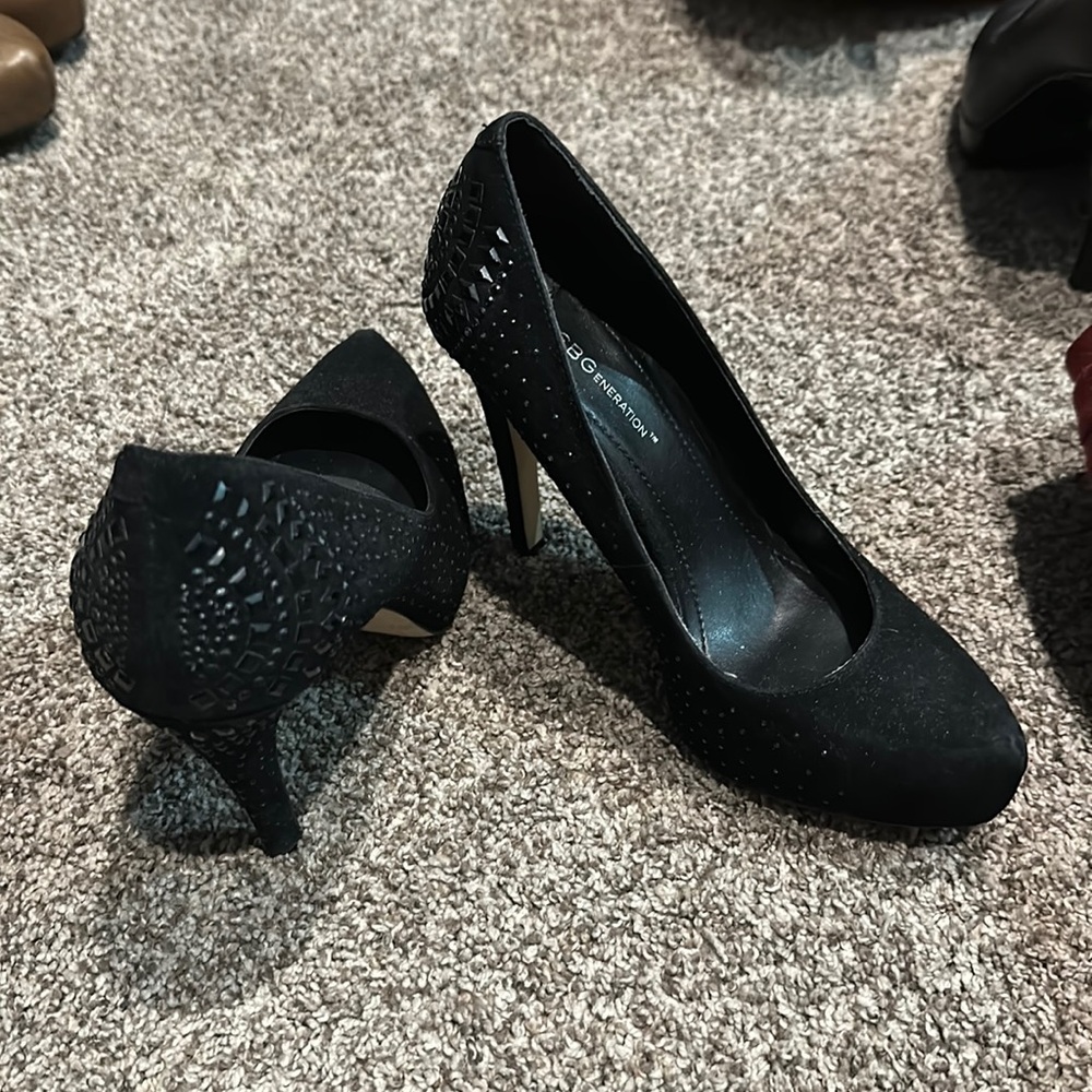 BCBGeneration, black 4 in heel, bejeweled suade.